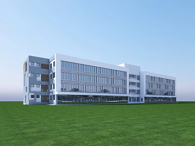 Modern Office Building With Large Glass Windows And Green Lawn Exterior 3d model