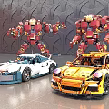 Creative Building Blocks Models Featuring Iron Man Mechs And White Orange Sports Cars