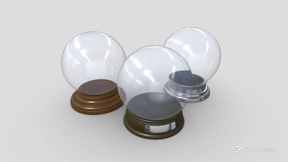 Decorative Ornament Set Featuring Transparent Glass Balls on Wooden and Metal Bases 3d model 