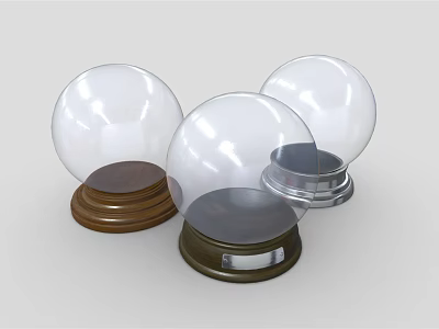 Decorative Ornament Set Featuring Transparent Glass Balls on Wooden and Metal Bases 3d model