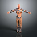 Bald Male Character In Leather Outfit With Metal Armor Blue Wristbands Brown Striped Pants And Boots