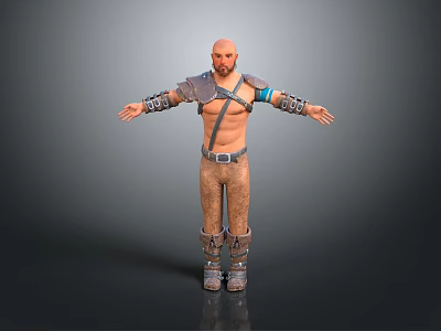 Bald Male Character In Leather Outfit With Metal Armor Blue Wristbands Brown Striped Pants And Boots 3d model
