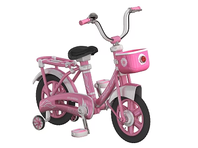 Cute Children's Pink Bicycle With Training Wheels Front Basket And Black Seat 3d model