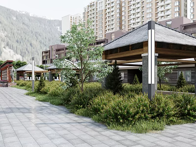 Garden Landscape With Stone Paved Walkway Lush Green Plants Trees Pavilions High Rise Buildings And Mountains 3d model