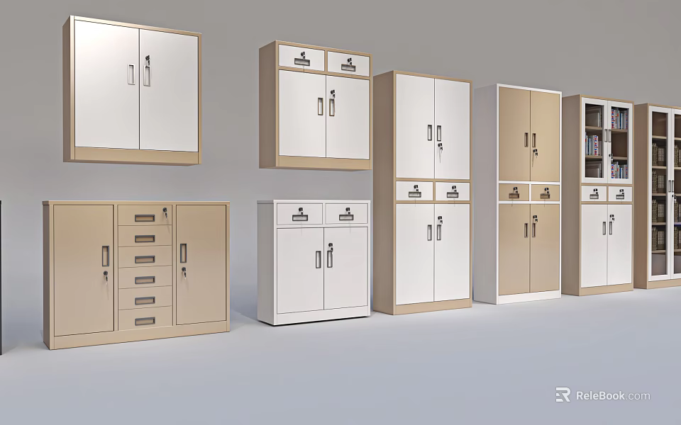 Modern Bookcases With Various Designs White And Beige Cabinet Doors Drawers And Open Shelves 3d model 