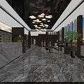 Elegant Modern Shop Front Desk With Marble Countertop Chandelier Green Plants And Sofa Seating
