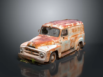 Rusty Old Van with Weathered Exterior and Classic Design on Dark Surface 3d model