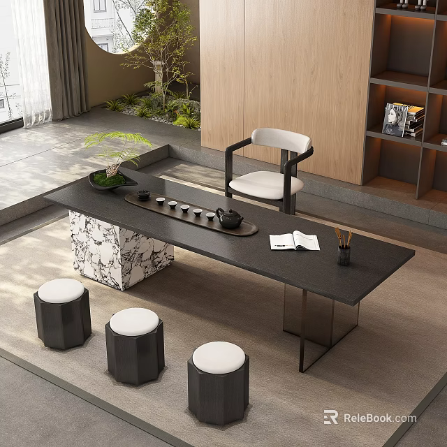 Modern Tea Table And Chairs With Black Stools White Cushions Tea Set Green Plants Interior 3d model 