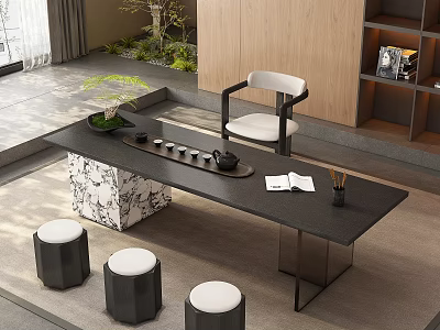 Modern Tea Table And Chairs With Black Stools White Cushions Tea Set Green Plants Interior 3d model