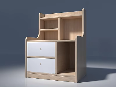 Simple Wooden Bedside Table With Two White Drawers And Open Shelves 3d model