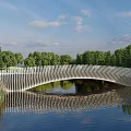Scenic White Arch Landscape Bridge Surrounded by Green Trees and Calm Water Reflection