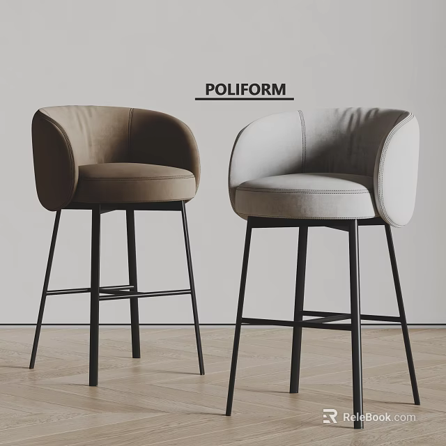 Modern POLIFORM Bar Stools Brown And Light Gray Velvet Upholstered With Black Metal Frames 3d model 