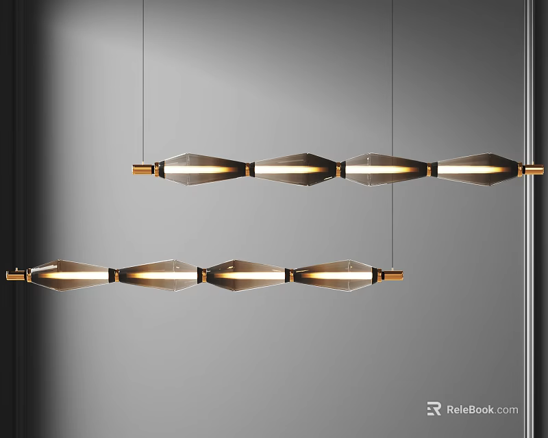 Stylish Linear Chandeliers With Gold Metal Frames And Geometric Glass Lampshades 3d model 