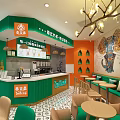 Bubble Tea Shop Interior With Green Orange Walls Pendant Lights Elephant Decor And Seating