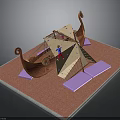 Kids Playground Structure With Ship Shaped Climbing Net Wall Red Ground And Purple Mats
