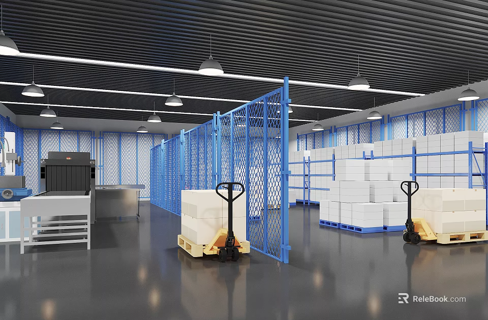 Industrial Warehouse Interior With Blue Metal Fences Racking White Cartons And Pallet Jacks 3d model 