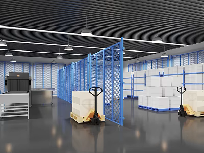 Industrial Warehouse Interior With Blue Metal Fences Racking White Cartons And Pallet Jacks 3d model