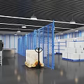 Industrial Warehouse Interior With Blue Metal Fences Racking White Cartons And Pallet Jacks