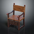 Vintage Wooden Chair With Leather Seat Backrest Armrests Metal Rivets And Carved Legs
