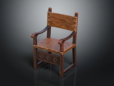 Vintage Wooden Chair With Leather Seat Backrest Armrests Metal Rivets And Carved Legs 3d model