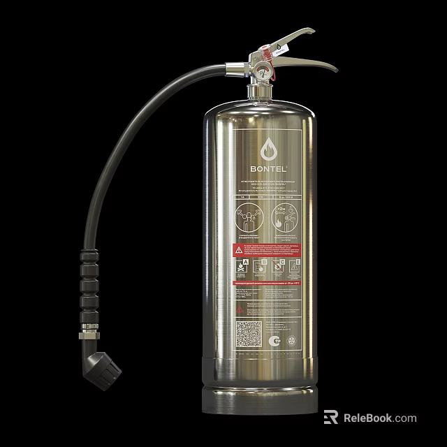 Silver Metal Fire Extinguisher With Black Hose Instruction Label And Safety Diagrams 3d model 
