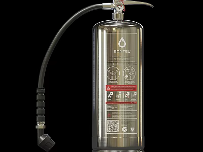 Silver Metal Fire Extinguisher With Black Hose Instruction Label And Safety Diagrams 3d model