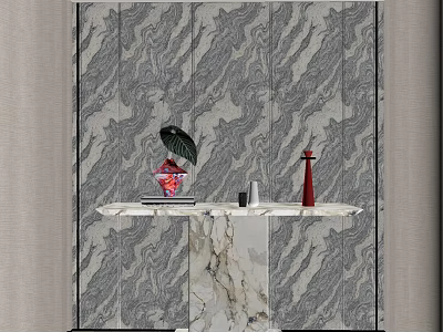 Modern Console Table With Marble Top Green Leaves Red Bottle And Grey Wavy Wall 3d model