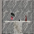 Modern Console Table With Marble Top Green Leaves Red Bottle And Grey Wavy Wall