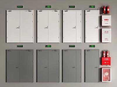 Double Doors in White and Gray with Fire Safety Equipment 3d model