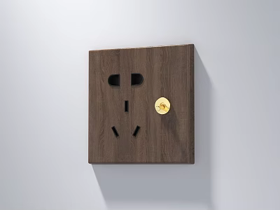 Elegant Walnut Wood Switch Panel with Socket Outlets and Golden Knob in Dark Brown 3d model