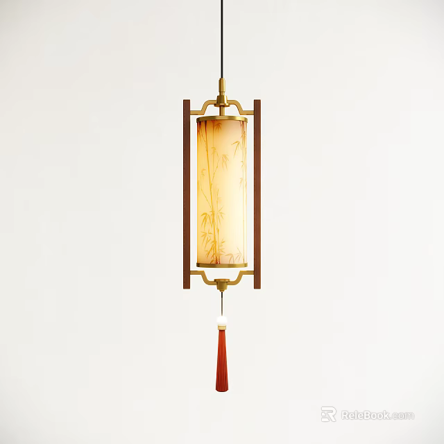 Chinese Style Pendant Light With Wooden Frame Beige Lampshade Floral Patterns And Red Tassel 3d model 