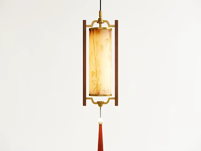 Chinese Style Pendant Light With Wooden Frame Beige Lampshade Floral Patterns And Red Tassel 3d model
