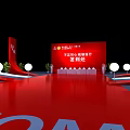 Check in Area With Red Backdrop Desk And Decorative White Lights Setup 3d model