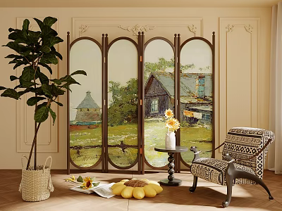Vintage Decorative Screen With Rustic Landscape Painting Armchair Potted Plant And Sunflowers 3d model