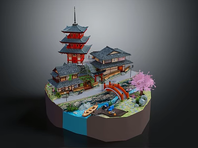Cartoon Scene of Traditional Pagoda with Bridge Cherry Blossom Tree Boat and Flowing Water 3d model