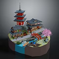 Cartoon Scene of Traditional Pagoda with Bridge Cherry Blossom Tree Boat and Flowing Water