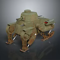 Old Rusty Green Mechanical Tank Character With Four Legs And Tracks Structure Design 3d model
