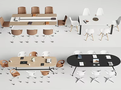 Various Conference Tables With Rectangular Round Oval Shapes Wooden White Black Colors And Matching Chairs 3d model