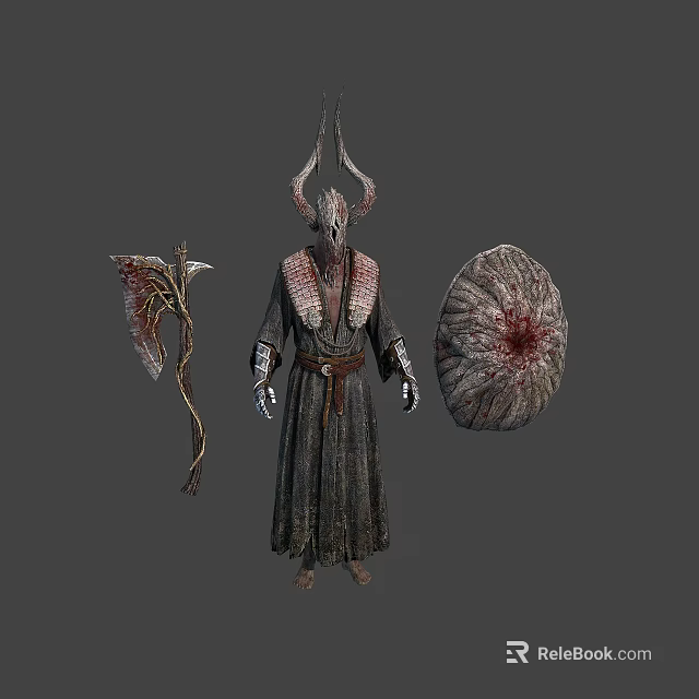 Fantasy Character In Horned Headdress With Dark Robe Red Accented Weapon And Textured Shield 3d model 