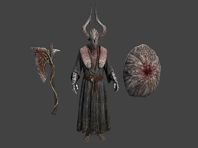 Fantasy Character In Horned Headdress With Dark Robe Red Accented Weapon And Textured Shield 3d model
