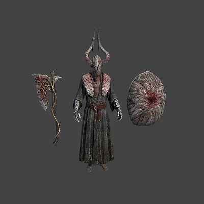 Fantasy Character In Horned Headdress With Dark Robe Red Accented Weapon And Textured Shield 3d model