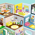 Colorful Cartoon Room Scenes With Miniature Furniture And Decorative Interior Designs