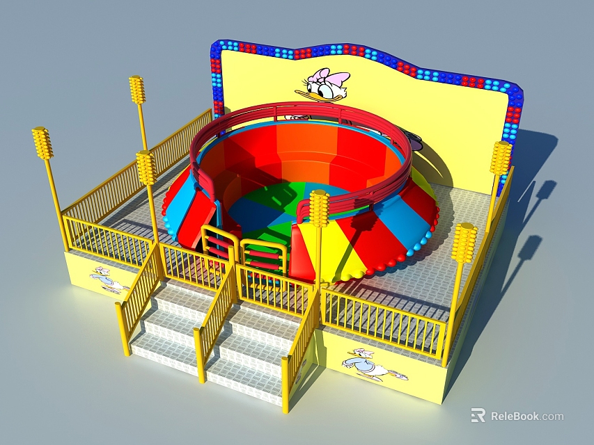 Vibrant Rotating Amusement Equipment With Colorful Cabins Yellow Railings Stairs And Cartoon Patterns For Kids 3d model 