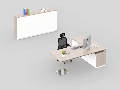 Modern Office Desk With Wooden Surface Computer Setup Black Ergonomic Chair And Storage Cabinet 3d model