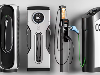 Modern Public Electric Vehicle Charging Stations With Different Designs And Charging Ports 3d model