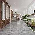 Modern Chinese Teahouse Corridor With Decorative Paintings Marble Floor And Wooden Elements