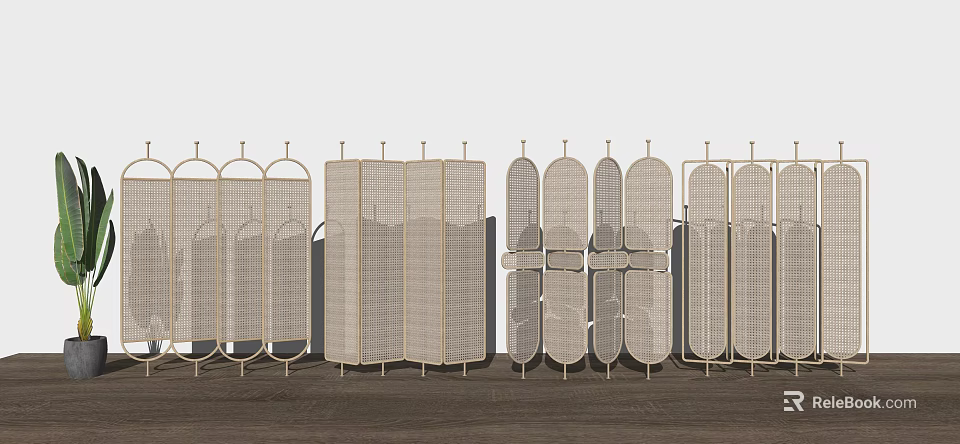 Stylish Room Dividers Featuring Woven Panels Metal Frames And Arched Designs 3d model