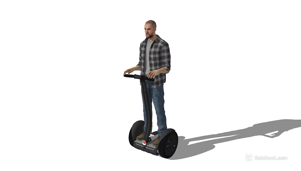 A Man Wearing Plaid Shirt And Jeans Standing On Two Wheeled Segway Transporter 3d model 