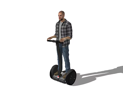 A Man Wearing Plaid Shirt And Jeans Standing On Two Wheeled Segway Transporter 3d model
