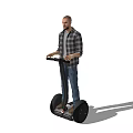 A Man Wearing Plaid Shirt And Jeans Standing On Two Wheeled Segway Transporter